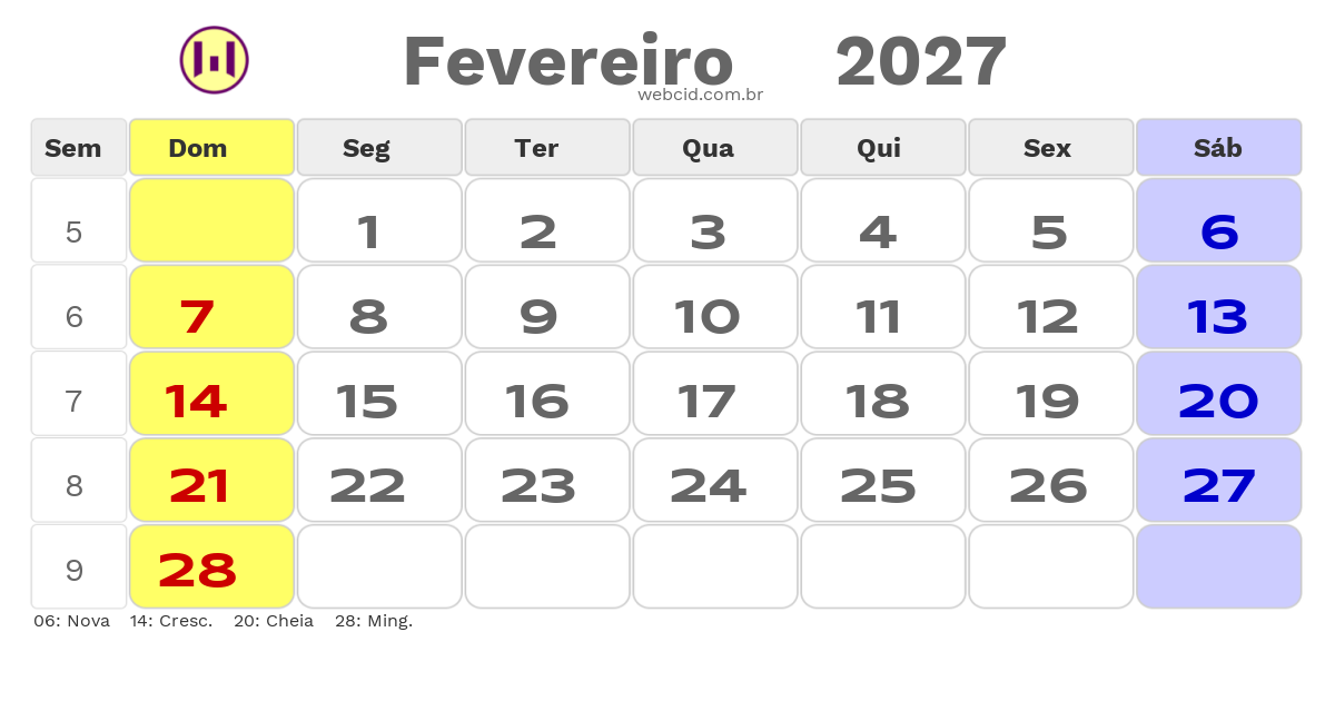 Calendário 2027 - Fevereiro - Copa do Mundo FIFA com feriados e fases da lua