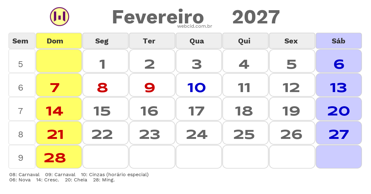 Calendário 2027 - Fevereiro - Feriados Bancários com feriados e fases da lua