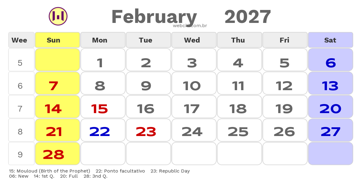 Calendar 2027 - February - Guyana com feriados e fases da lua