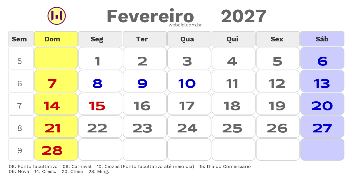 Calendário 2027 - Fevereiro - Muriaé-MG com feriados e fases da lua