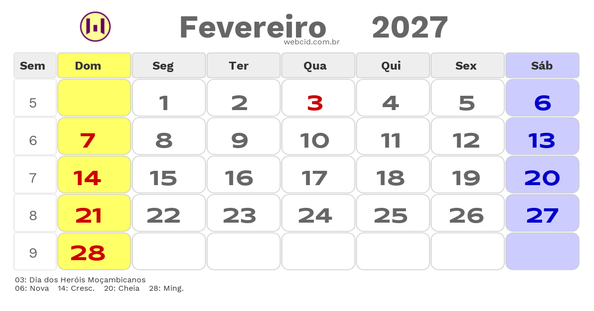 Calendário 2027 - Fevereiro - Moçambique com feriados e fases da lua