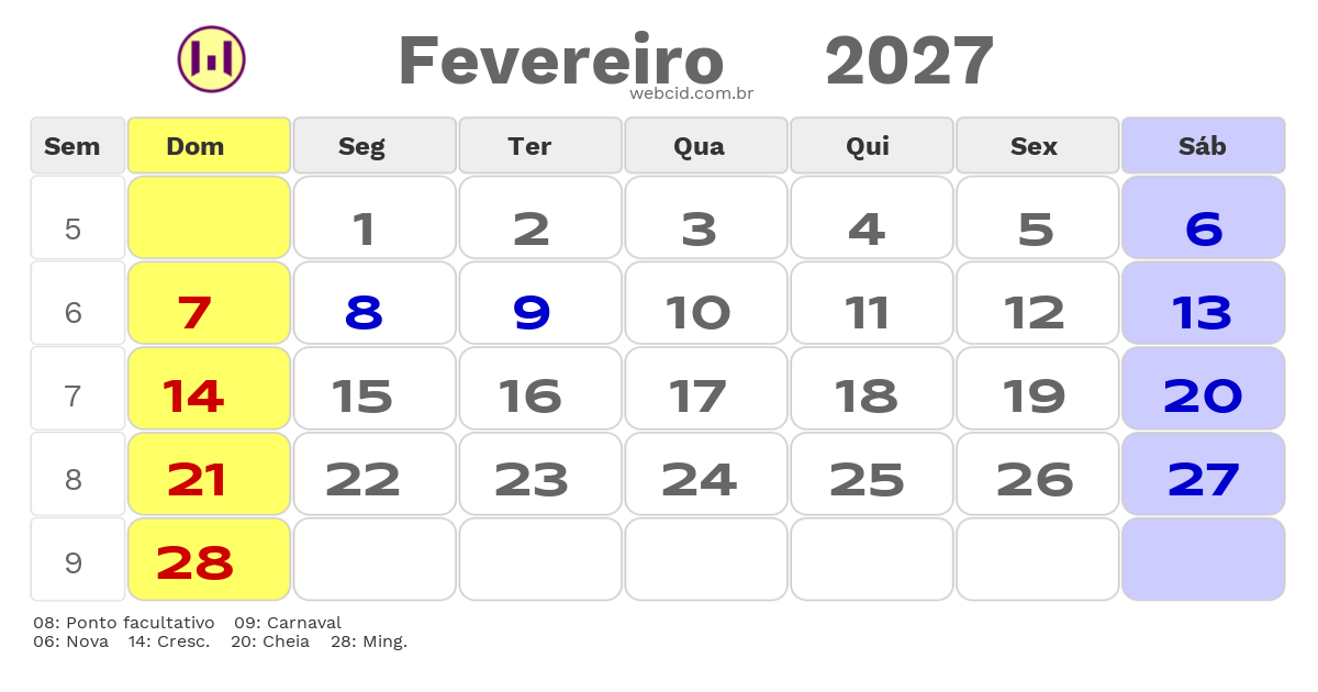 Calendário 2027 - Fevereiro - Portugal com feriados e fases da lua