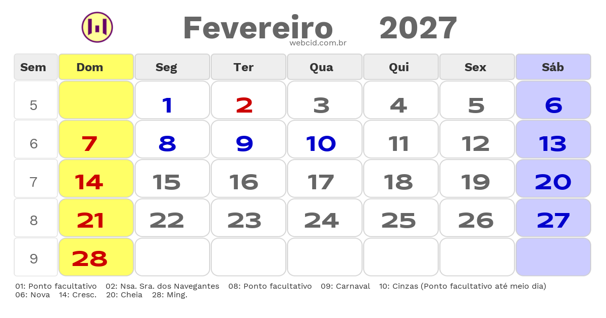 Calendário 2027 - Fevereiro - Canoas-RS com feriados e fases da lua