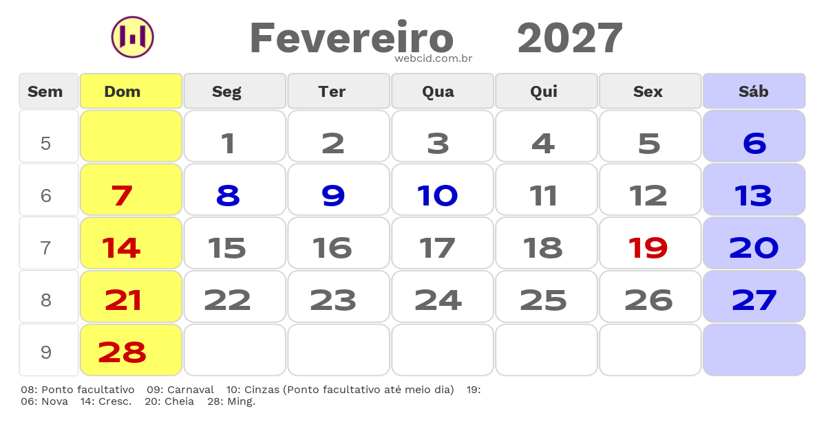 Calendário 2027 - Fevereiro - Sao Joao do Sul-SC com feriados e fases da lua