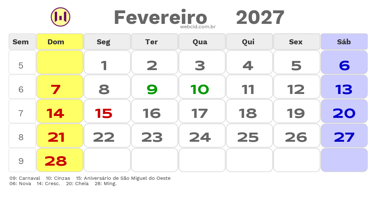 Calendário 2027 - Fevereiro - São Miguel do Oeste-SC com feriados e fases da lua