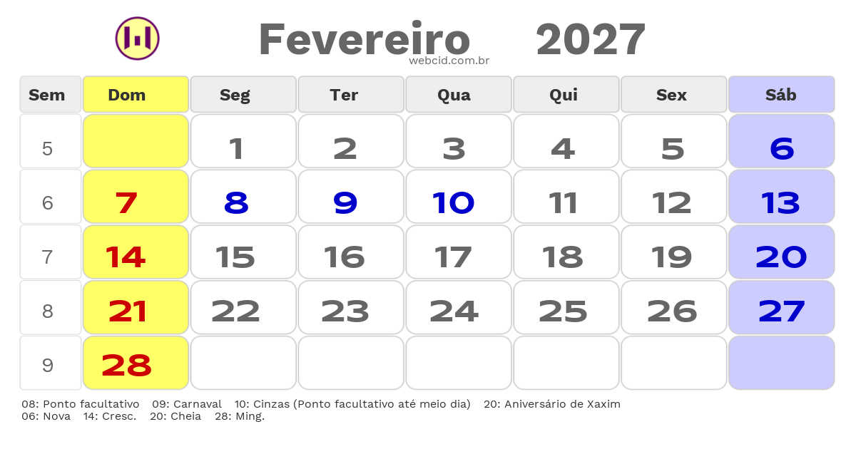 Calendário 2027 - Fevereiro - Xaxim-SC com feriados e fases da lua