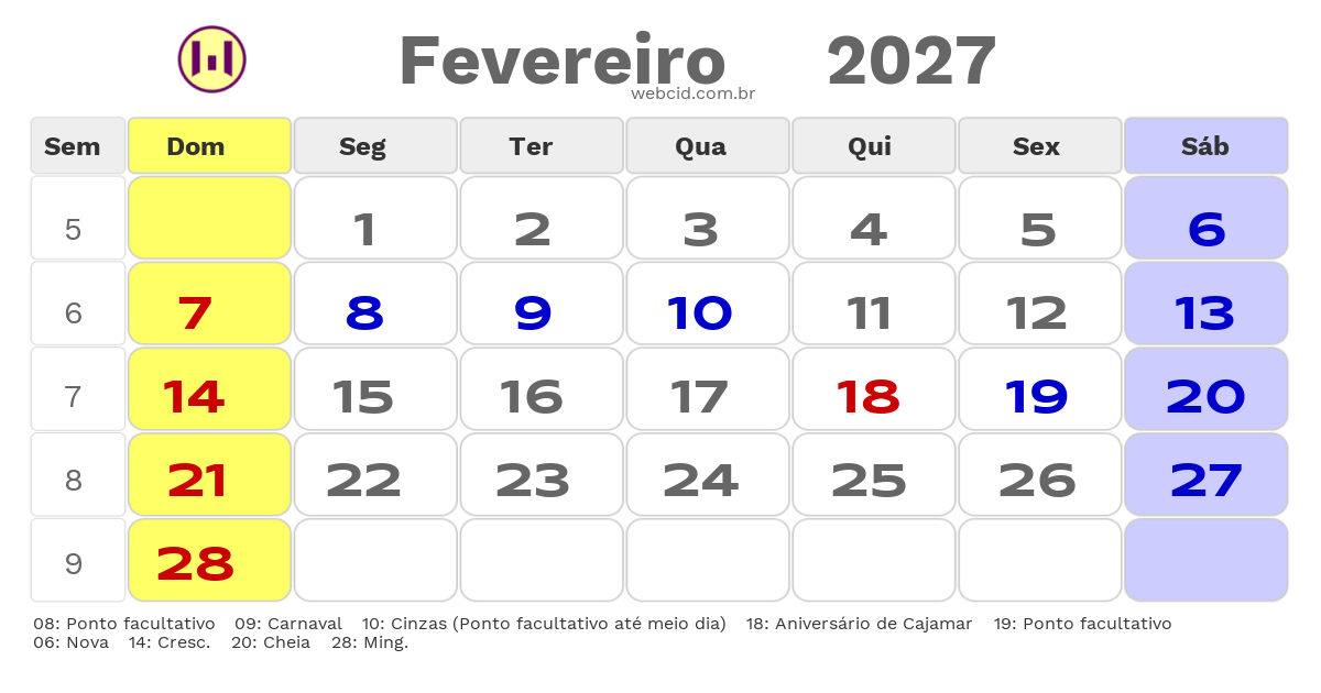Calendário 2027 - Fevereiro - Cajamar-SP com feriados e fases da lua