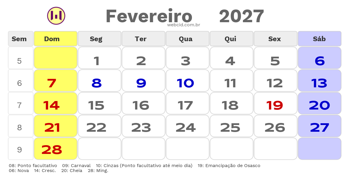 Calendário 2027 - Fevereiro - Osasco-SP com feriados e fases da lua