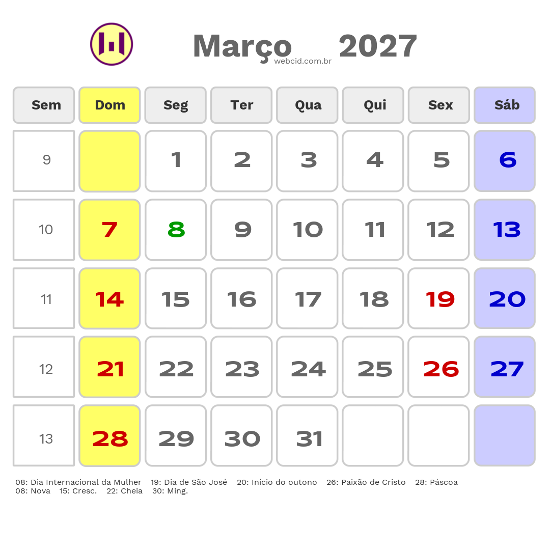 Calendário 2027 - Março - Macapá-AP com feriados e fases da lua