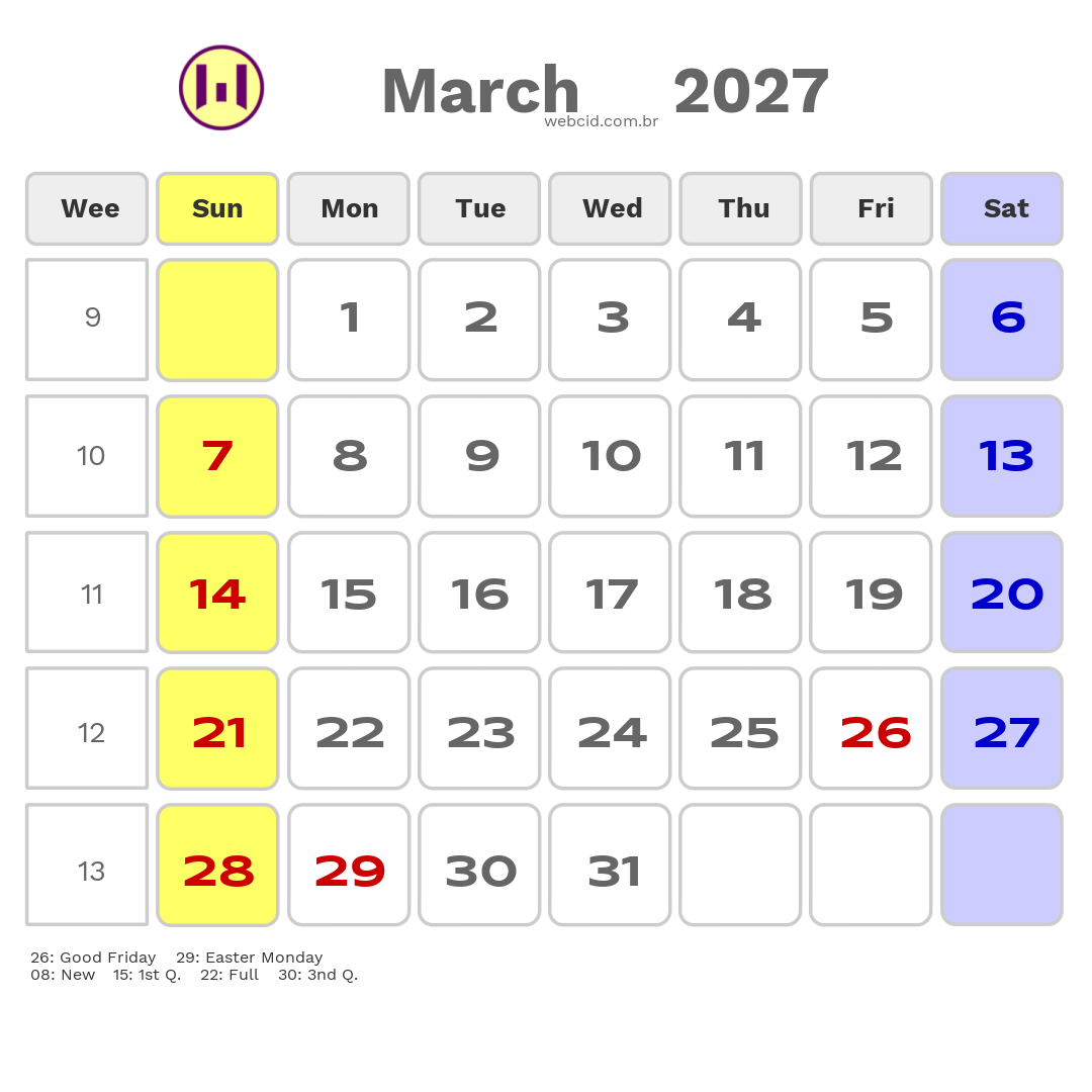 Calendar 2027 - March - Austrália com feriados e fases da lua