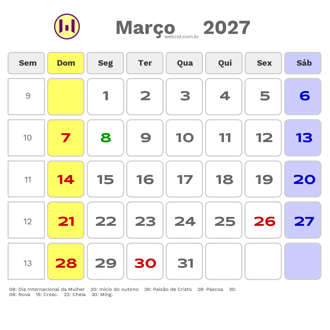 Calendário 2027 - Março - Correntina-BA com feriados e fases da lua