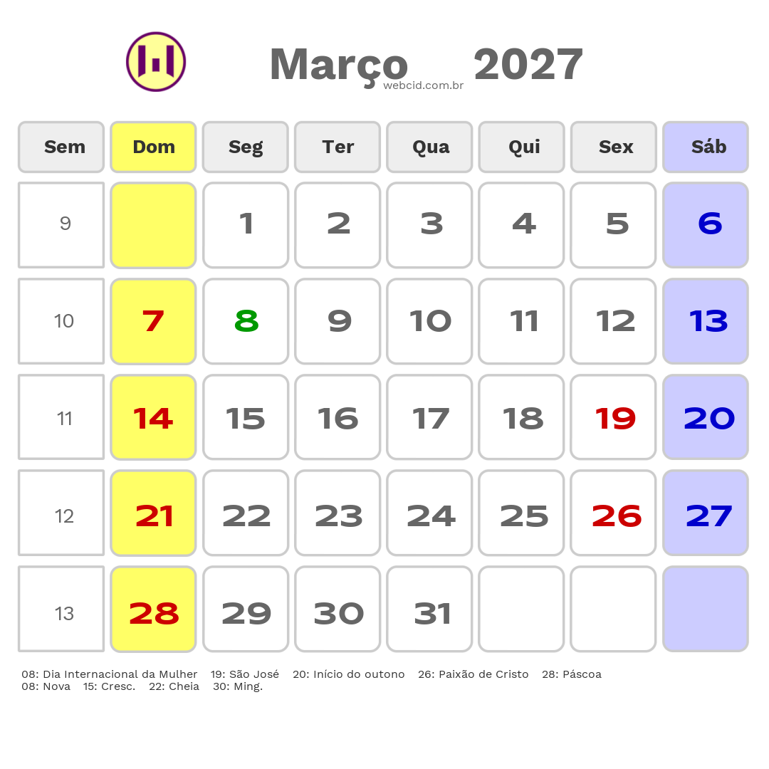 Calendário 2027 - Março - Itabuna-BA com feriados e fases da lua