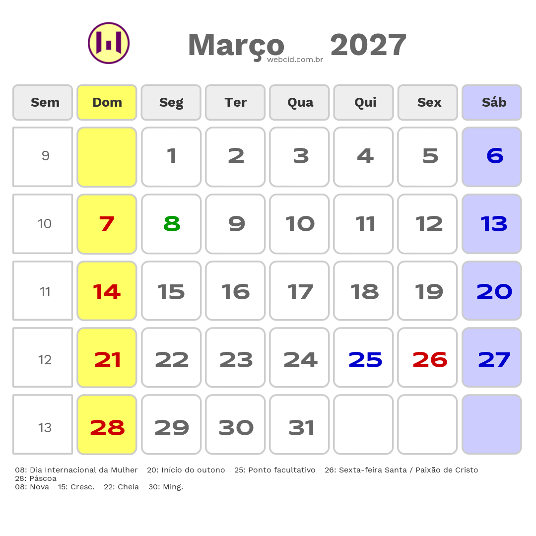 Calendário 2027 - Março - Valença-BA com feriados e fases da lua