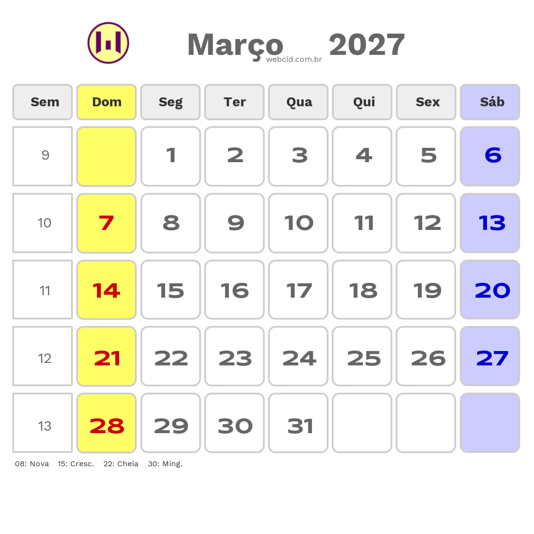 Calendário 2027 - Março - Cabo Verde com feriados e fases da lua