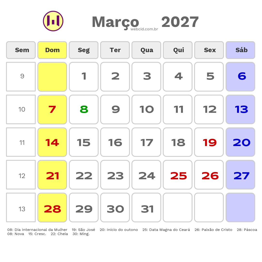 Calendário 2027 - Março - Guaiuba-CE com feriados e fases da lua