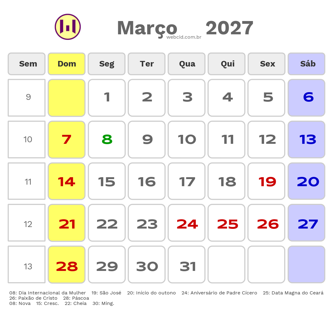 Calendário 2027 - Março - Juazeiro do Norte-CE com feriados e fases da lua