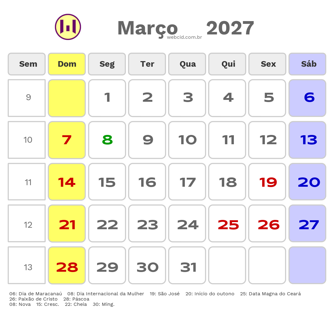 Calendário 2027 - Março - Maracanaú-CE com feriados e fases da lua