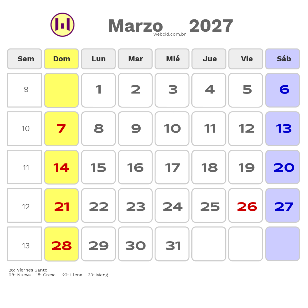 Calendario 2027 - Marzo - Chile com feriados e fases da lua