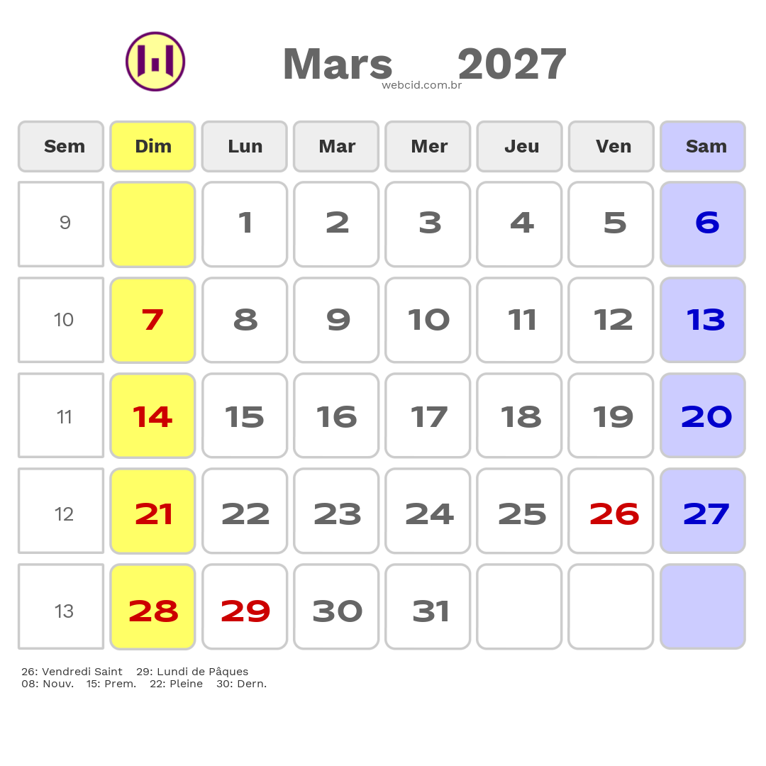 Calendrier 2027 - Mars - La France com feriados e fases da lua
