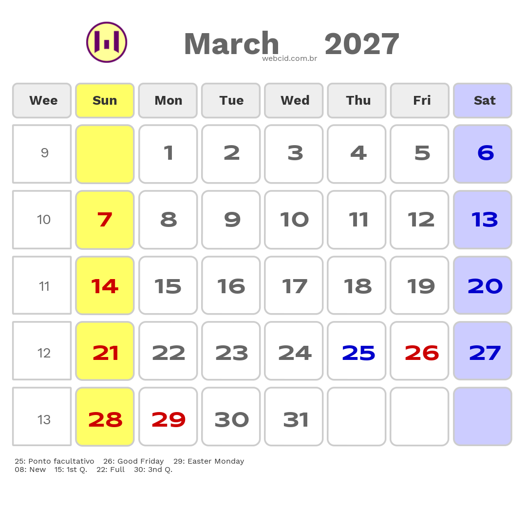Calendar 2027 - March - Inglaterra com feriados e fases da lua