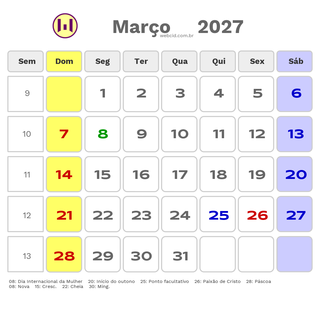 Calendário 2027 - Março - Barra do Garças-MT com feriados e fases da lua