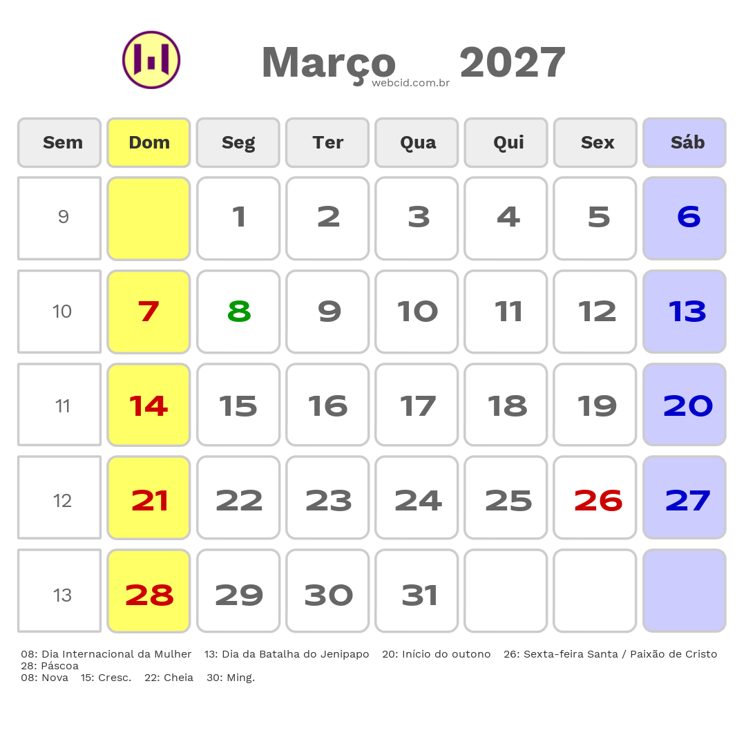 Calendário 2027 - Março - Paranaíba-MS com feriados e fases da lua
