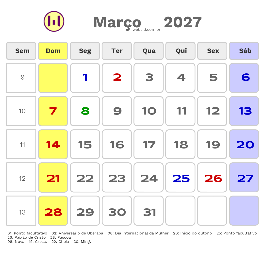 Calendário 2027 - Março - Uberaba-MG com feriados e fases da lua