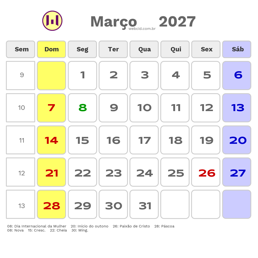 Calendário 2027 - Março - Jacarau-PB com feriados e fases da lua