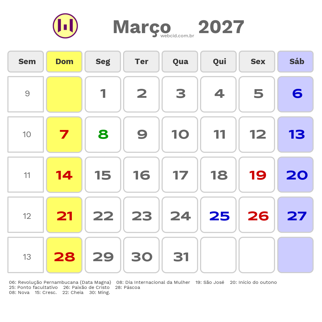 Calendário 2027 - Março - Abreu e Lima-PE com feriados e fases da lua