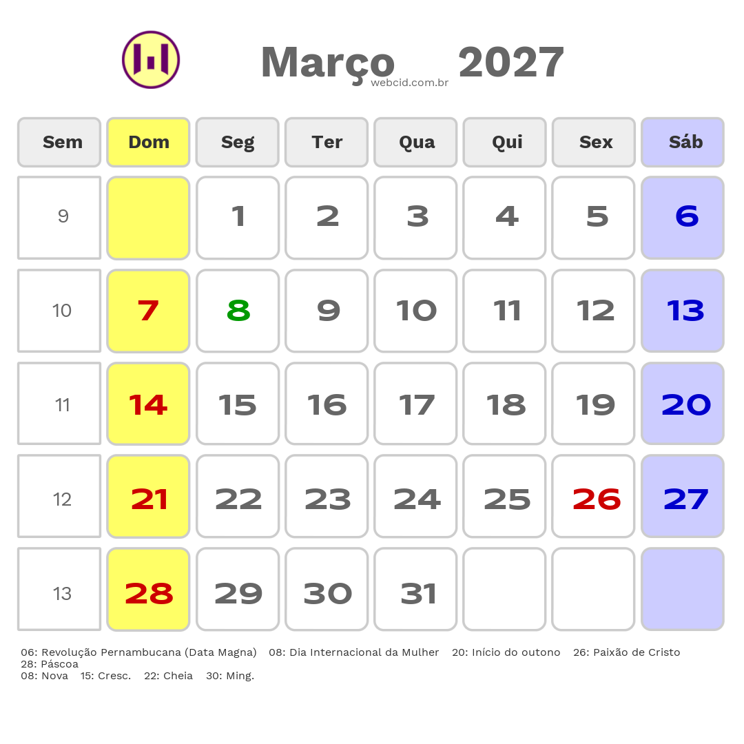 Calendário 2027 - Março - Bom Conselho-PE com feriados e fases da lua