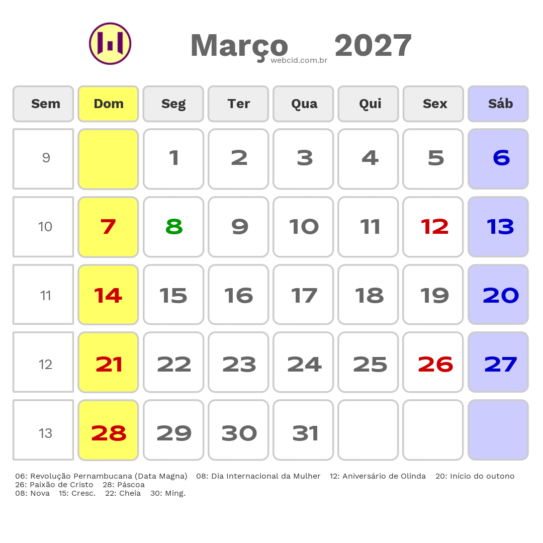 Calendário 2027 - Março - Olinda-PE com feriados e fases da lua