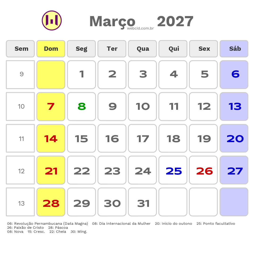 Calendário 2027 - Março - Paulista-PE com feriados e fases da lua