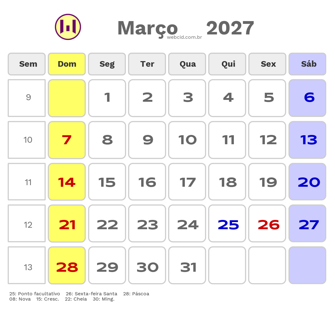 Calendário 2027 - Março - Portugal com feriados e fases da lua
