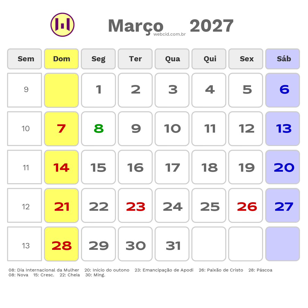 Calendário 2027 - Março - Apodi-RN com feriados e fases da lua