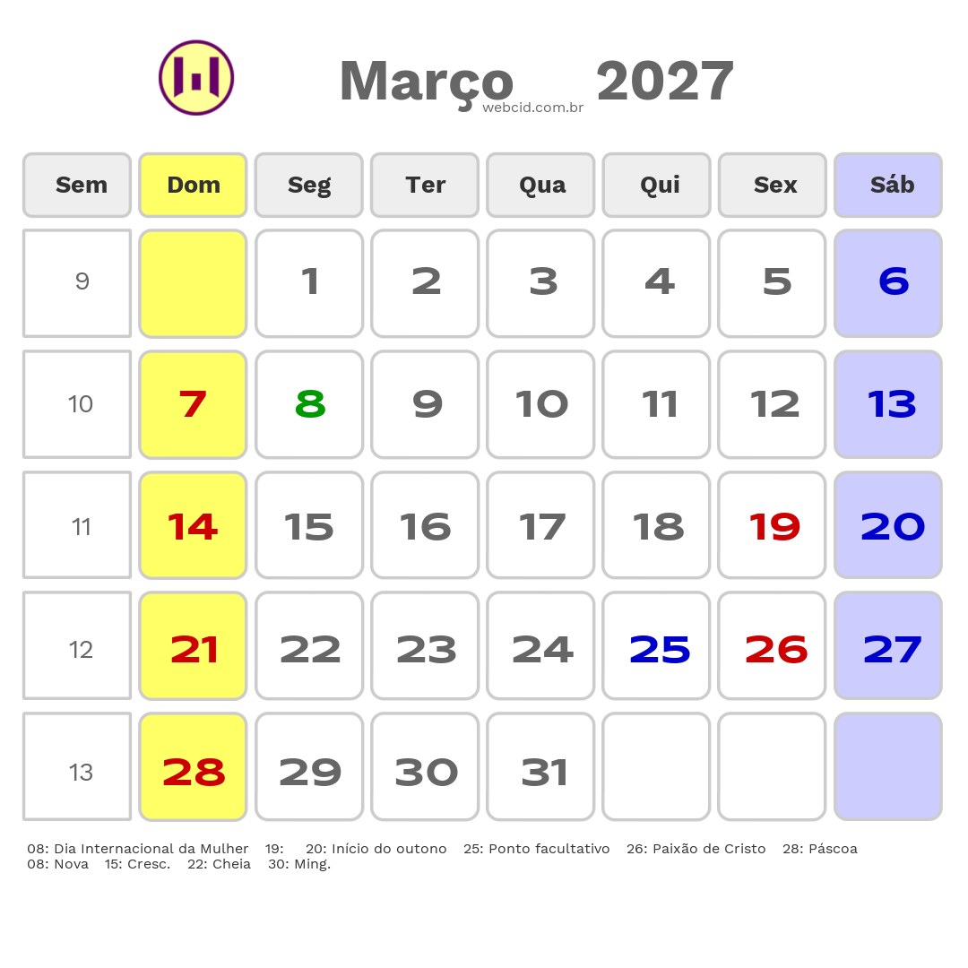 Calendário 2027 - Março - Carnauba dos Dantas-RN com feriados e fases da lua
