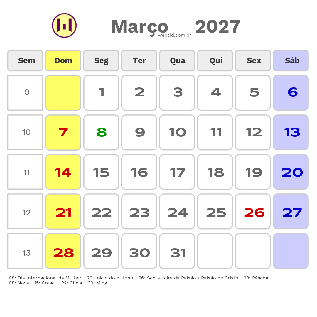 Calendário 2027 - Março - Braganca Paulista-SP com feriados e fases da lua