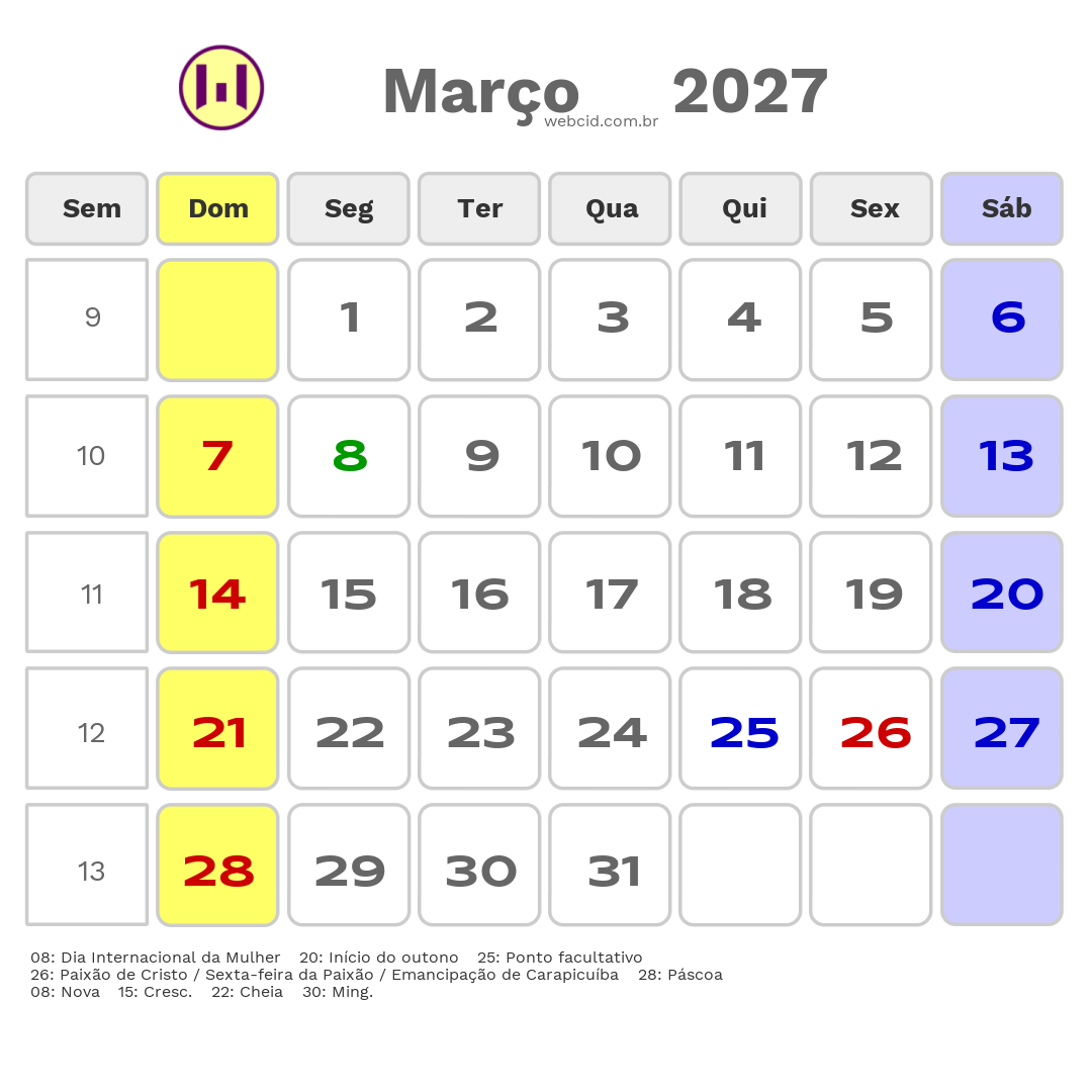 Calendário 2027 - Março - Carapicuíba-SP com feriados e fases da lua
