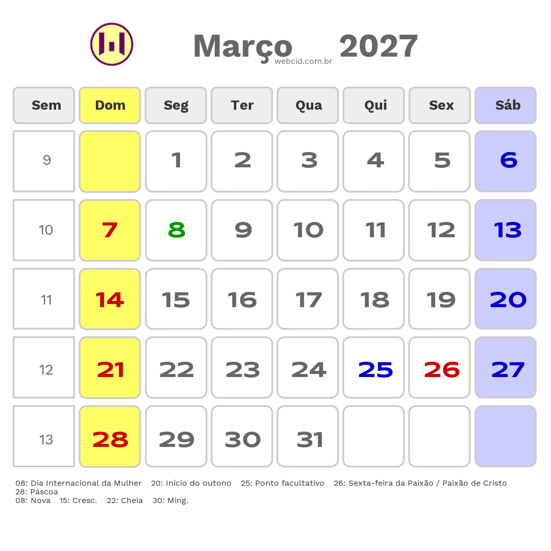 Calendário 2027 - Março - Hortolândia-SP com feriados e fases da lua