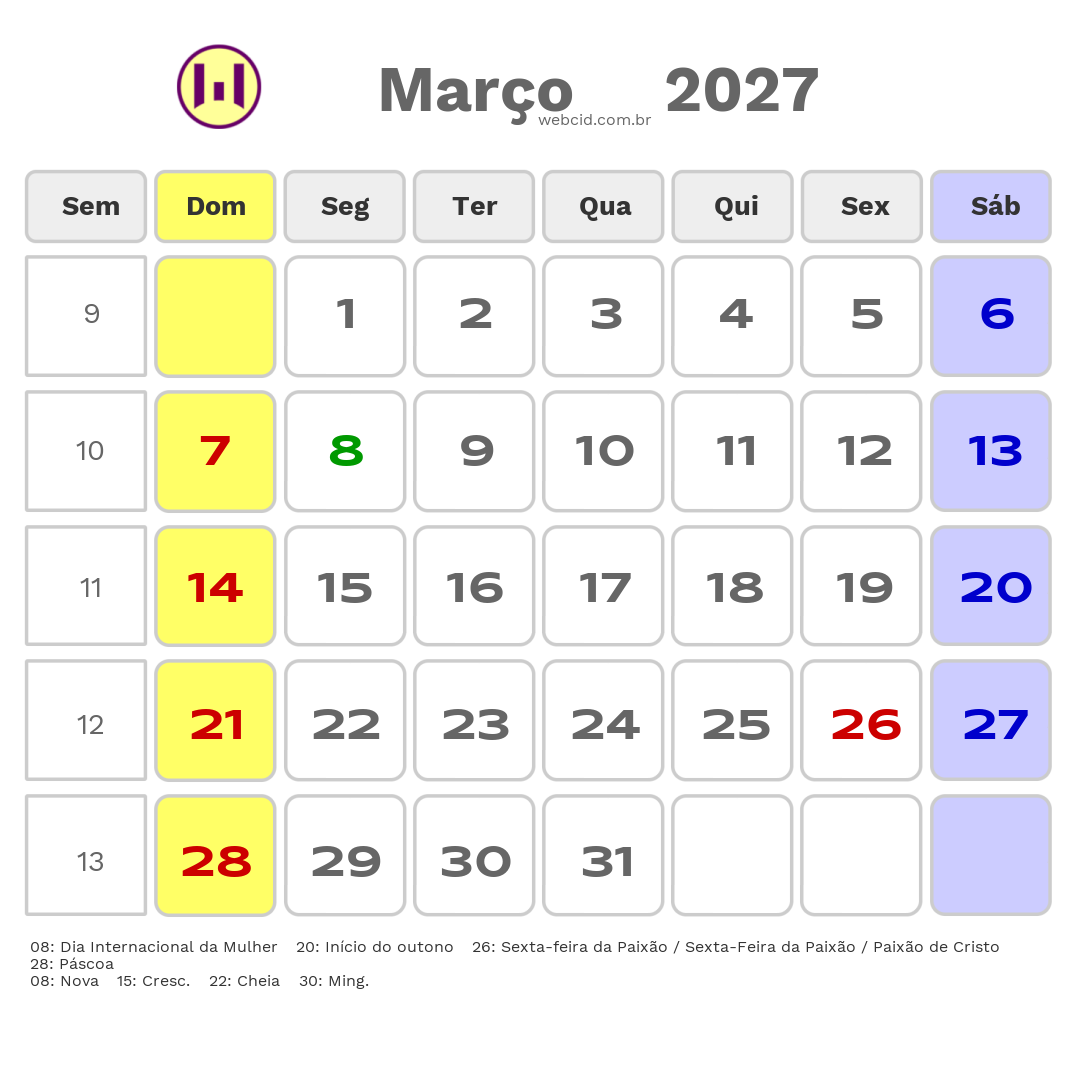Calendário 2027 - Março - Limeira-SP com feriados e fases da lua