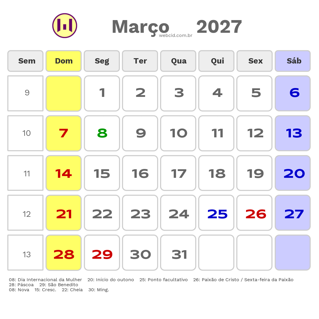 Calendário 2027 - Março - Pindamonhangaba-SP com feriados e fases da lua