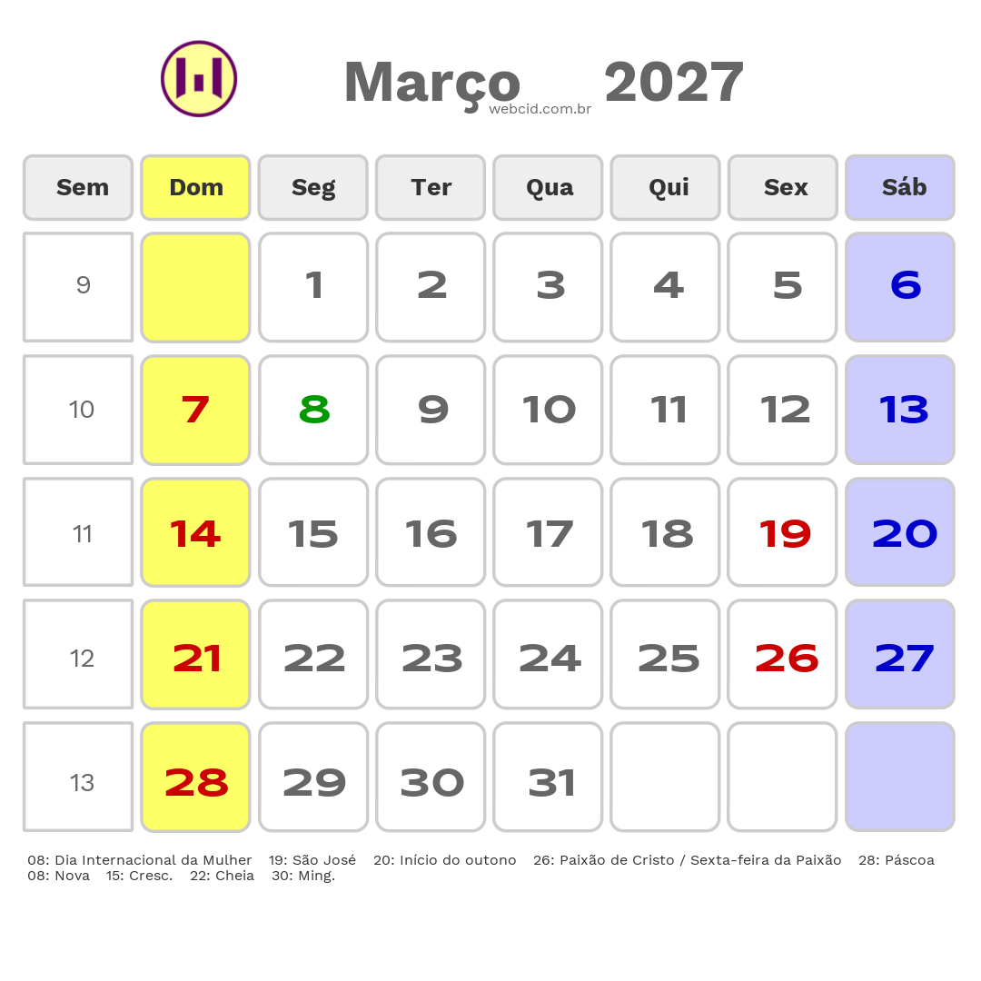 Calendário 2027 - Março - São José dos Campos-SP com feriados e fases da lua