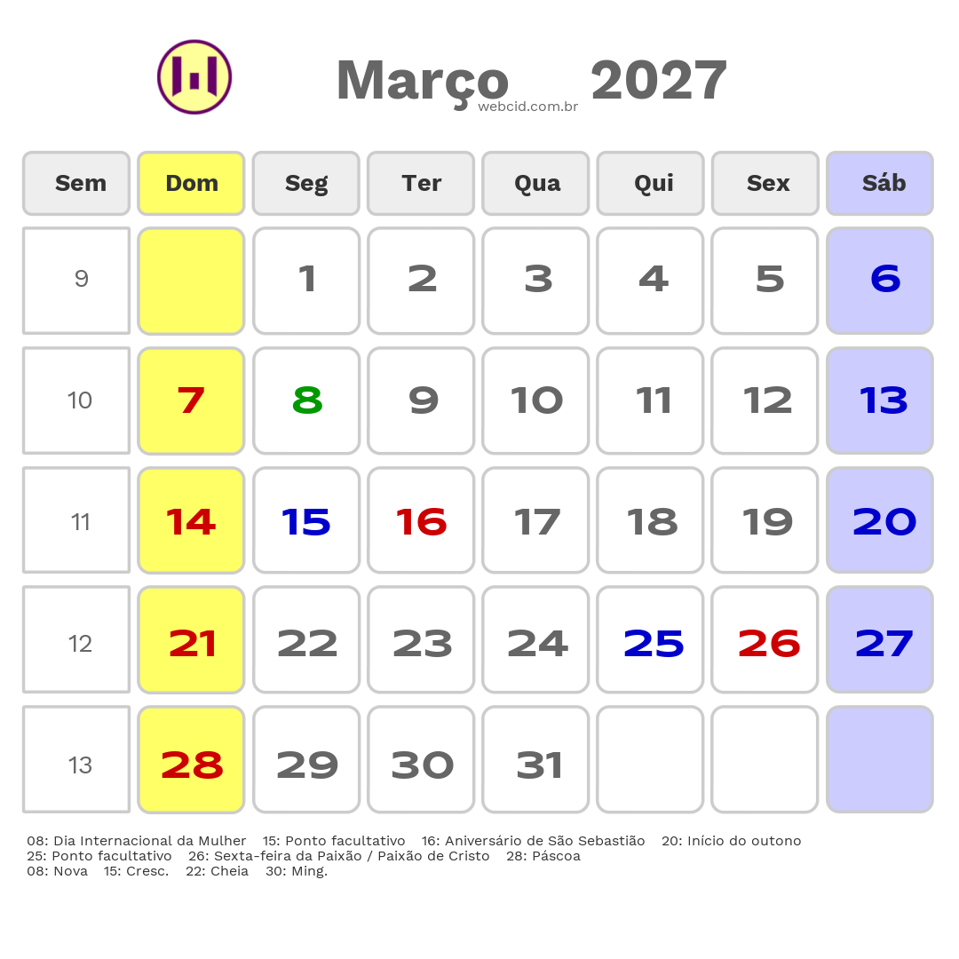 Calendário 2027 - Março - São Sebastião-SP com feriados e fases da lua