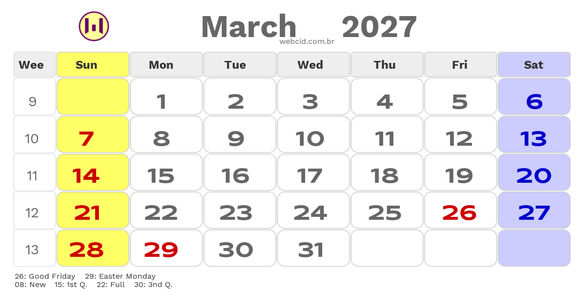 Calendar 2027 - March - Austrália com feriados e fases da lua