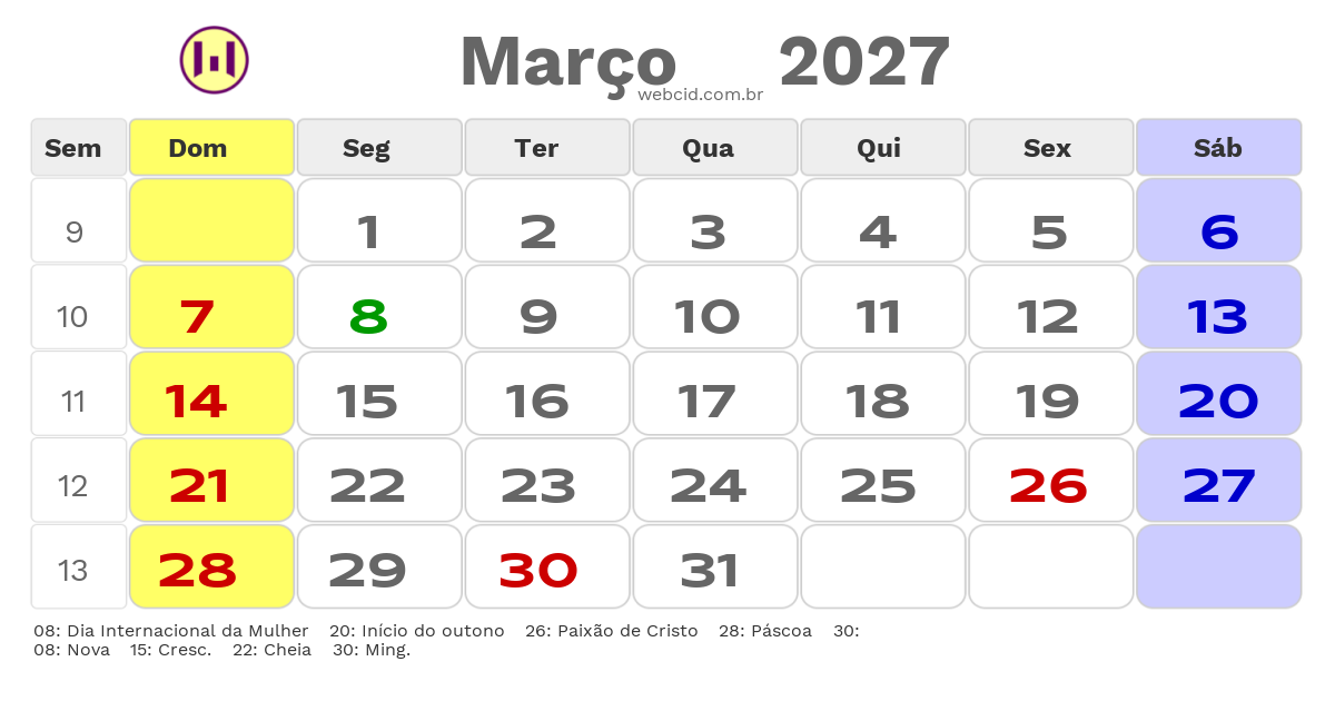 Calendário 2027 - Março - Correntina-BA com feriados e fases da lua