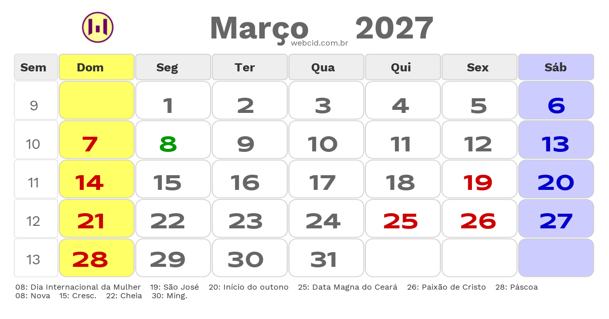 Calendário 2027 - Março - Guaiuba-CE com feriados e fases da lua