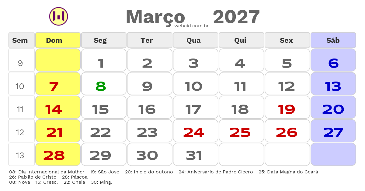 Calendário 2027 - Março - Juazeiro do Norte-CE com feriados e fases da lua