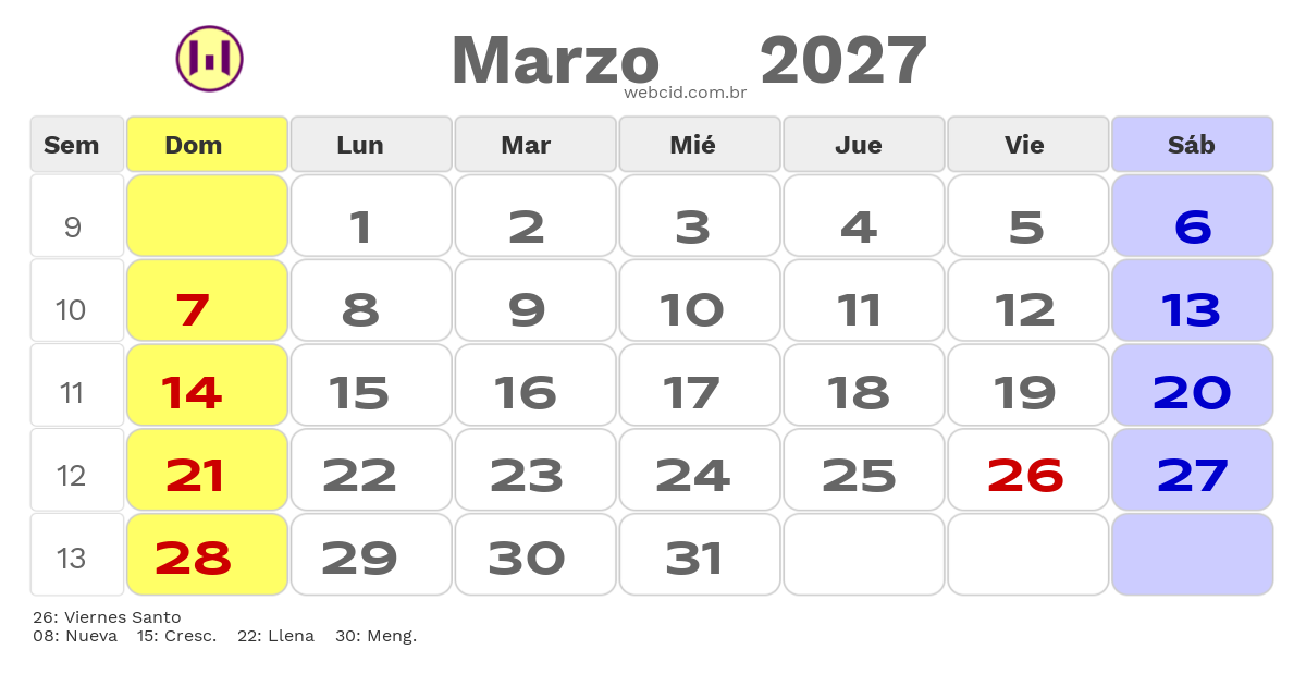 Calendario 2027 - Marzo - Chile com feriados e fases da lua