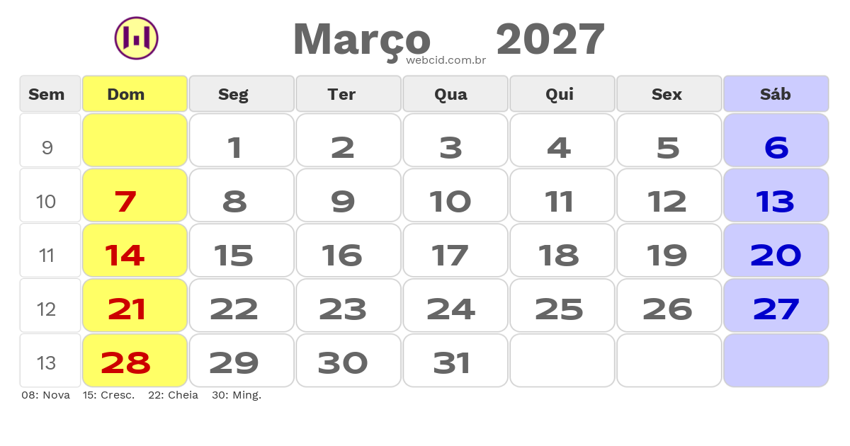 Calendário 2027 - Março - Copa do Mundo FIFA com feriados e fases da lua