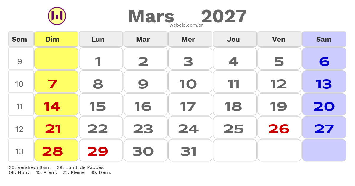 Calendrier 2027 - Mars - La France com feriados e fases da lua