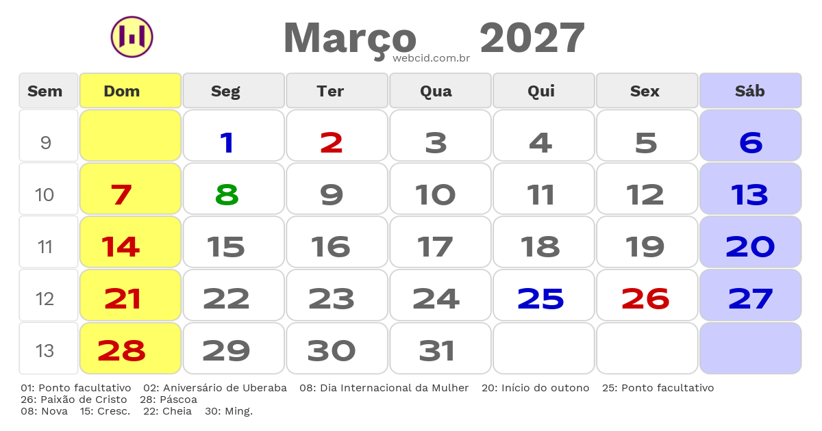 Calendário 2027 - Março - Uberaba-MG com feriados e fases da lua